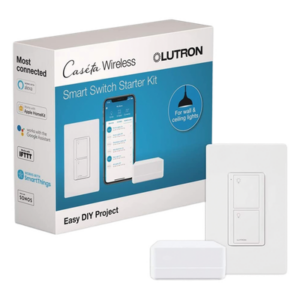 LUTRON CASETA WIRELESS PBDGPKG1WS – Kit de Inicio para Iluminación Inteligente / Hub Smart Bridge / Interruptor On/Off 5 A / Control por App y Asistentes de Voz / Requiere Neutro