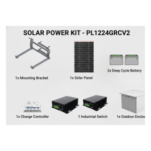 SYSCOM PL1224GRCV2 – Kit Solar PoE / 225 W / 12 Vcc / 120 Ah / 60 h Autonomía / 802.3af/at / PoE Pasivo 24 Vcc / 738 ft² Cobertura