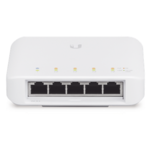 UBIQUITI USW-FLEX – Switch PoE semi-exterior / 5 puertos Gigabit / 1 entrada 802.3bt + 4 salidas 802.3af / IP55 / 46W / Montaje pared o poste