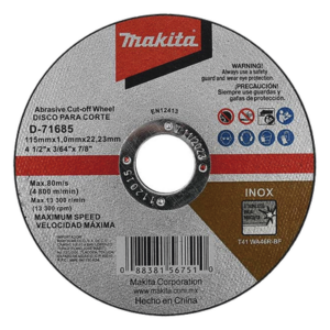 MAKITA D71685 – Disco de Corte / 4-1/2 pulg (115 mm) / Inox y Acero / Eje 7/8 pulg (22.23 mm) / Velocidad Máxima 4,800 RPM / 80 m/s