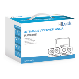 HiLook by HIKVISION HL-1080-MC4 – Kit TurboHD / 4 Canales / 4 Cámaras Bala 2 Megapixel / IR 20 m (65.6 ft) / H.265+ / IP66 / HDMI y VGA Simultáneo