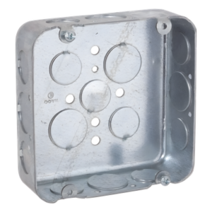 RACO HUB-247 – Caja Cuadrada Troquelada / Acero / 4 11/16 x 4 11/16 in / Profundidad 1.5 in (38.1 mm) / 17 Entradas Conduit / UL Listed