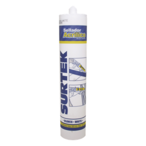 SURTEK SYS-113-505 – Sellado Acrílico / Color Blanco / Contenido 280 ml / Secado 5 min Película / Lijable y Pintable / Resistencia -40°C a 100°C