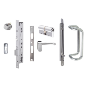 ABLOY EL420KITSYS121 – Kit de cerradura motorizada / Apertura automática por control de acceso / Perfil europeo / Acero inoxidable / Manija interior de emergencia