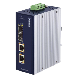 PLANET IGUP-2205AT – Convertidor de Medios Industrial / 2 SFP 100/1000X / 2 RJ45 10/100/1000T / PoE++ 802.3bt / 95W por puerto / -40 a 75 °C / IP30 / 12-56V CC