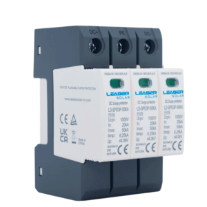 LEADER Protector de Descargas Atmosféricas 3 Polos 1000 Vcc - SPD de corriente continua diseñado para sistemas fotovoltaicos 40 kA 3 Polos / Montaje en riel Din / -40 °C a 80°C