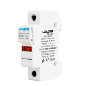 LEADER Portafusible Fotovoltaico PV0191-1P / 1000 VDC / 32 A /  Montaje en riel DIN / Compatible con fusibles 10x38 mm / temperatura de -5°C a +40°C