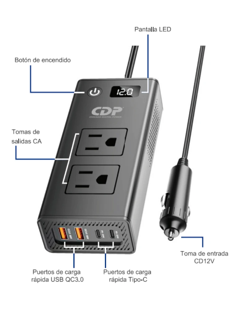 CDP XVU212 Inversor de Potencia Multifuncion 200W / Adaptador e Inversor de Corriente Interior 200W / Voltaje de salida: 120 AC, 5-12 DC - Image 2