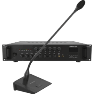 HIKVISION DS-QAEKITMIC-120 – Kit Amplificador Audio / 120 W / 6 Canales 1 Zona / Bluetooth USB SD / Micrófono Cuello Ganso / Salidas 70V 100V 4~16 Ohm